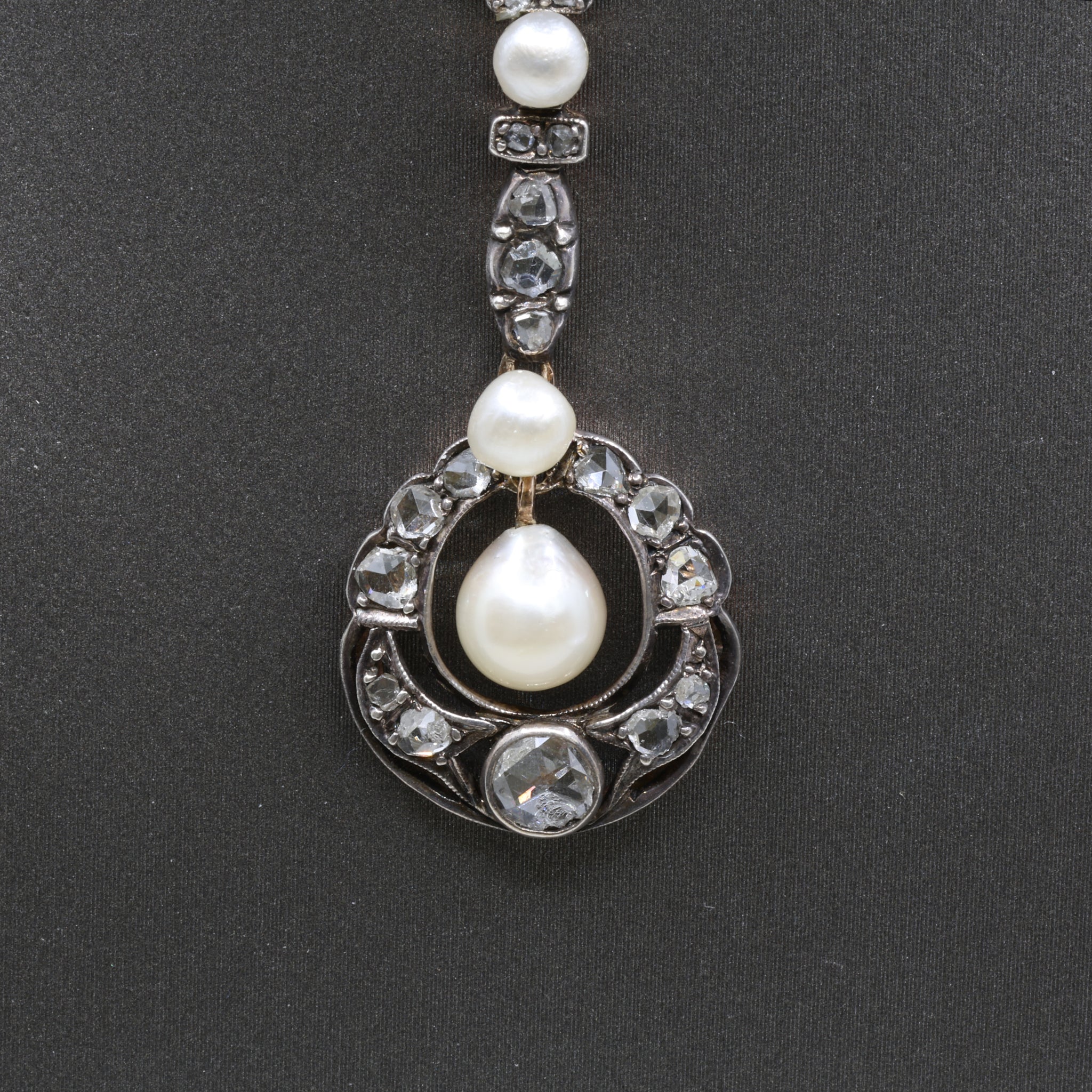 Antique Victorian Pearl and Rose Cut Diamond Necklace in 18k and Silver