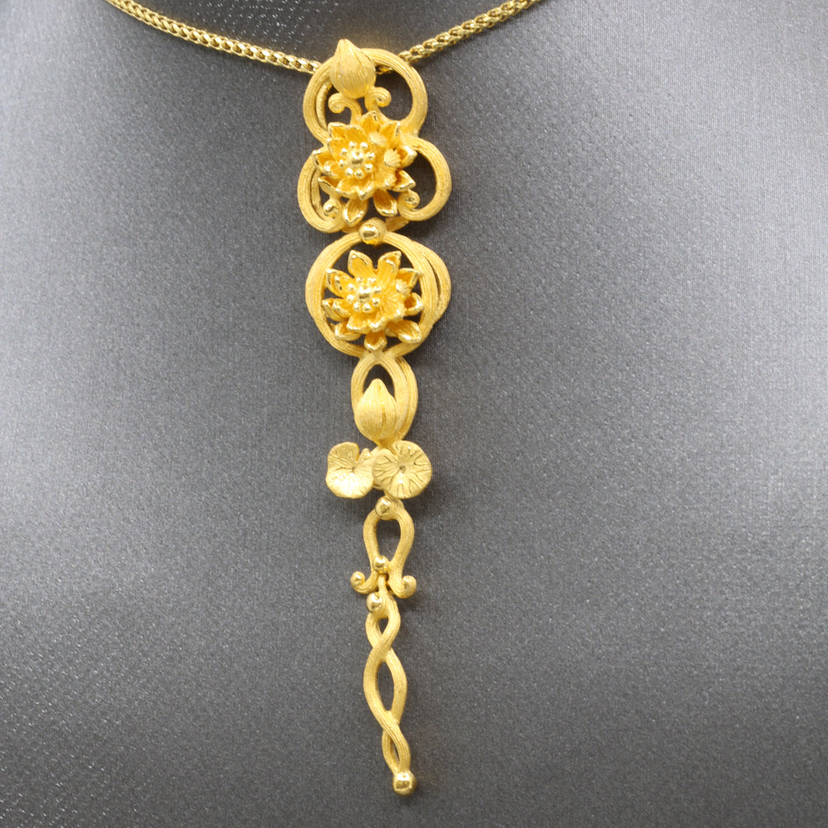 24k Gold Elongated Pendant with Lotus Flowers and Lily Pad Leaves