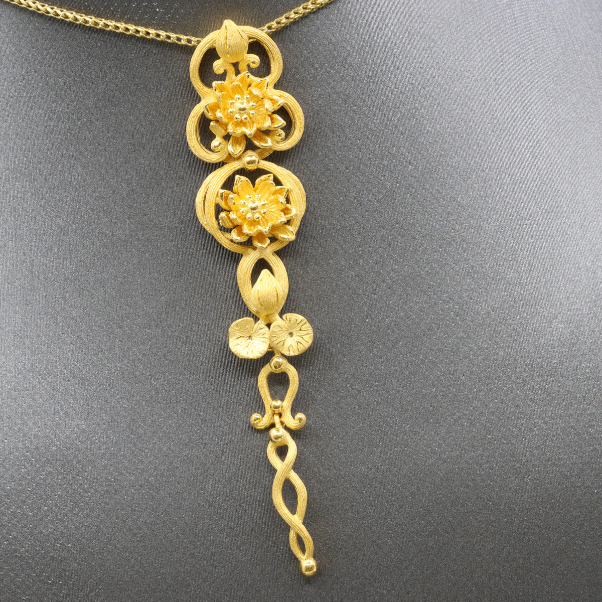 24k Gold Elongated Pendant with Lotus Flowers and Lily Pad Leaves