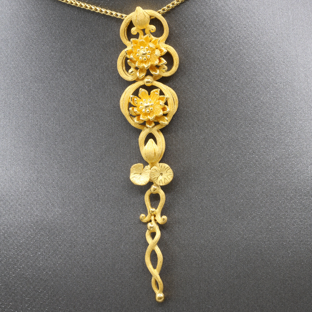 24k Gold Elongated Pendant with Lotus Flowers and Lily Pad Leaves