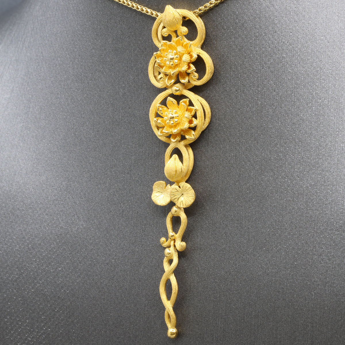 24k Gold Elongated Pendant with Lotus Flowers and Lily Pad Leaves