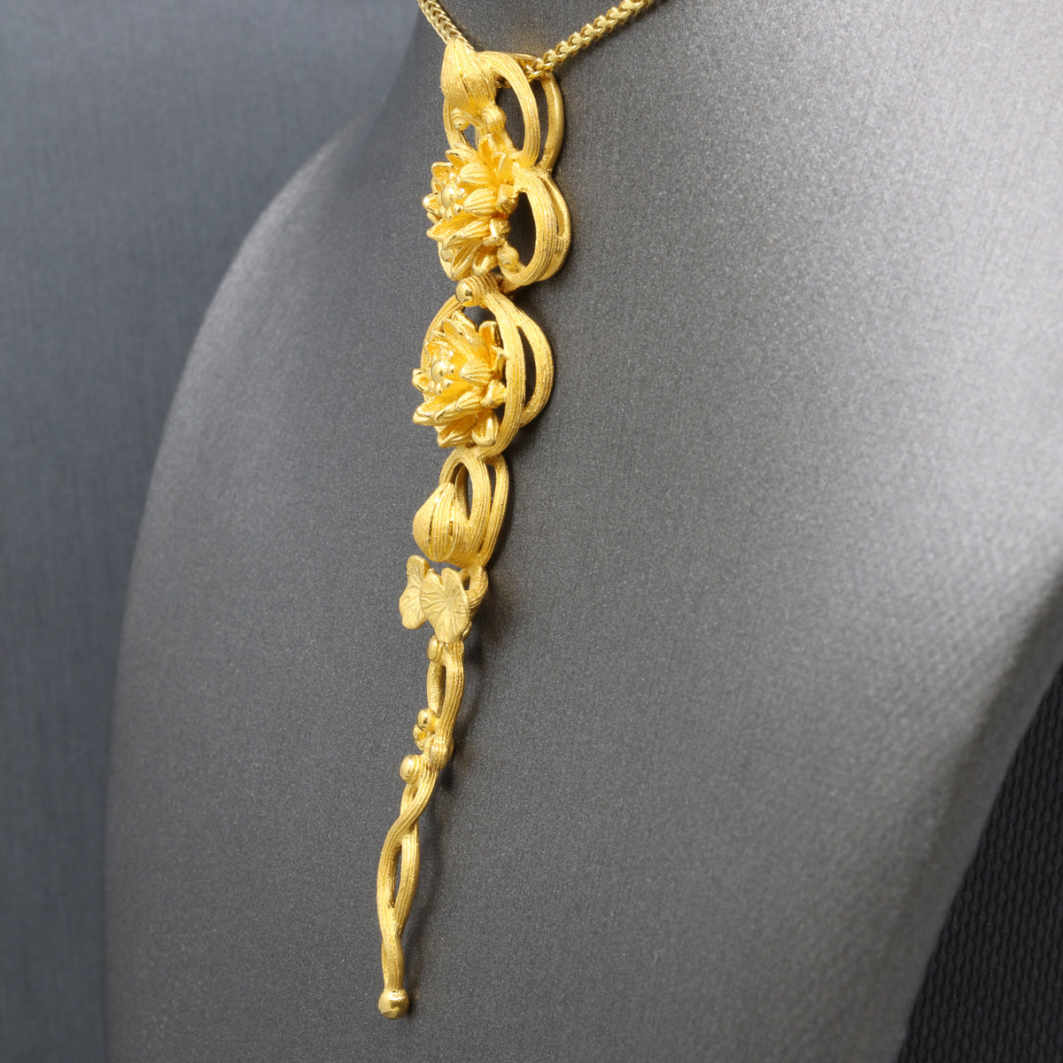 24k Gold Elongated Pendant with Lotus Flowers and Lily Pad Leaves