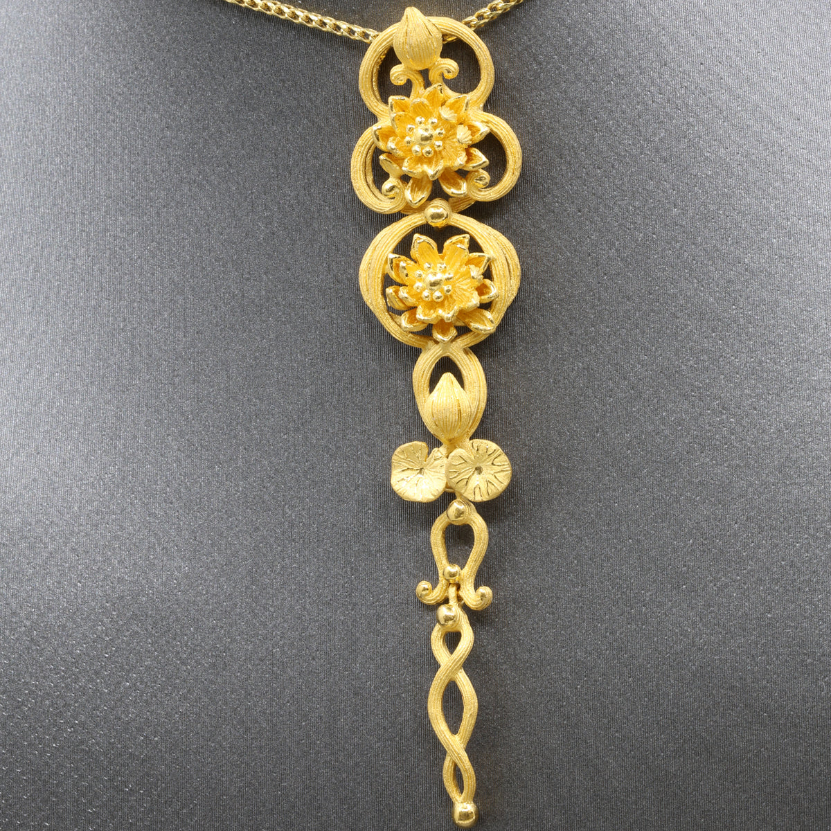 24k Gold Elongated Pendant with Lotus Flowers and Lily Pad Leaves