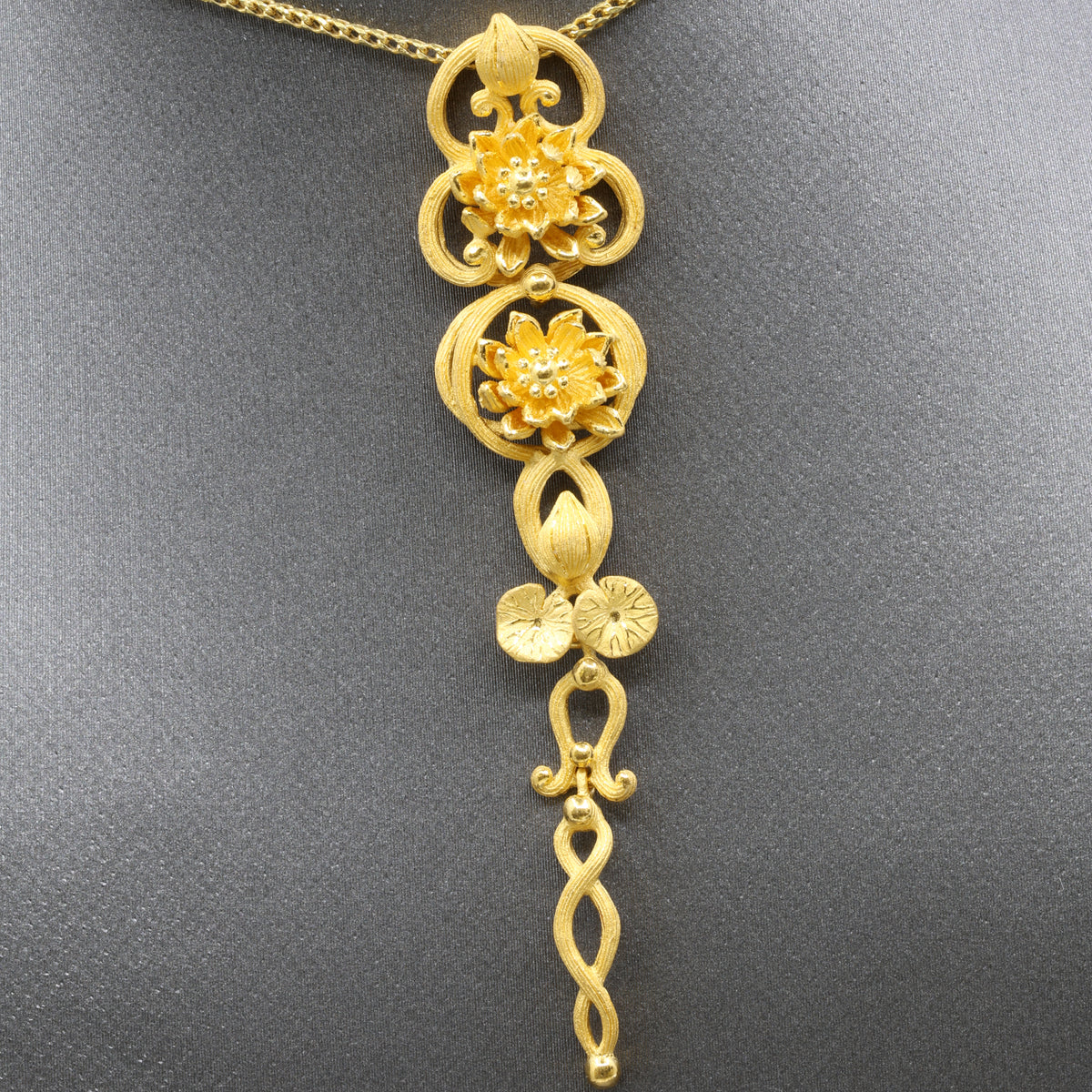 24k Gold Elongated Pendant with Lotus Flowers and Lily Pad Leaves