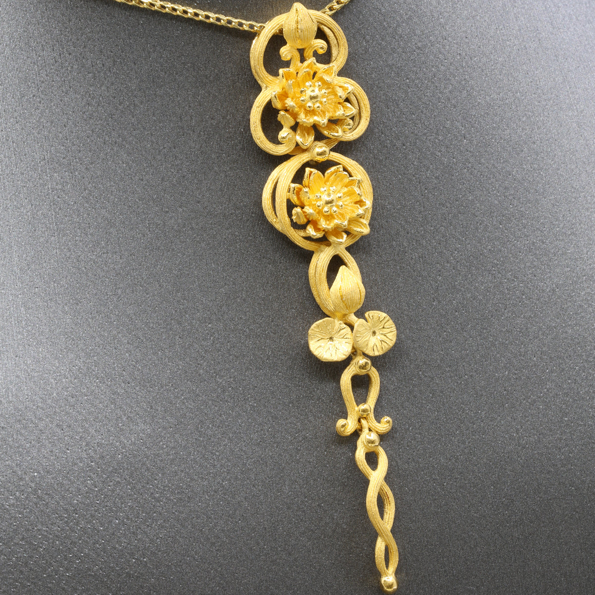 24k Gold Elongated Pendant with Lotus Flowers and Lily Pad Leaves