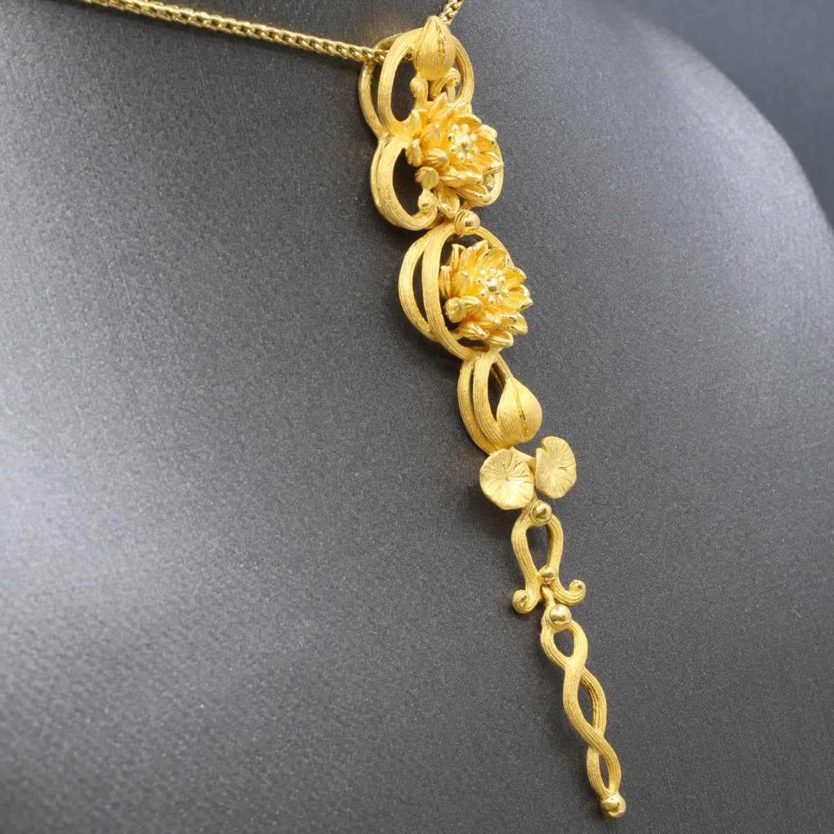 24k Gold Elongated Pendant with Lotus Flowers and Lily Pad Leaves