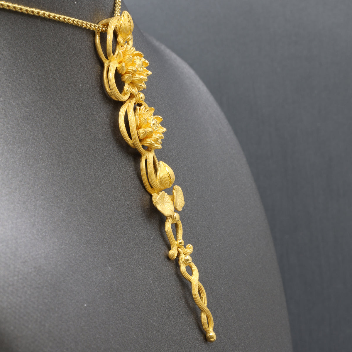 24k Gold Elongated Pendant with Lotus Flowers and Lily Pad Leaves