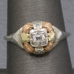 Art Deco Tri Color Old European Cut Diamond Engagement Ring in 14k Rose White and Yellow Gold