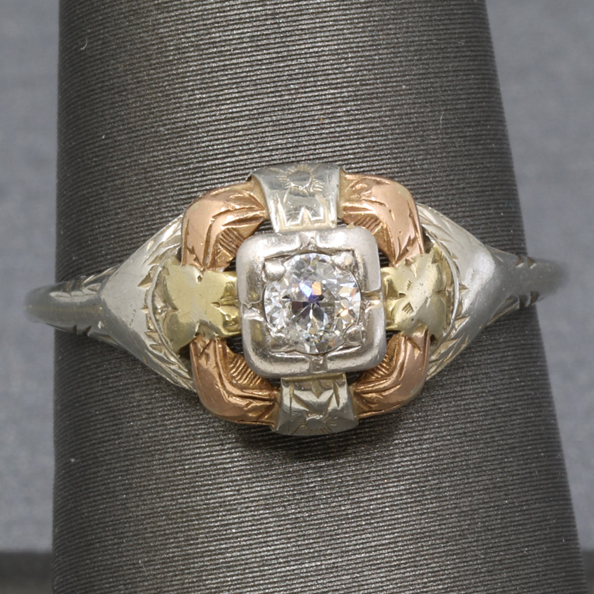 Art Deco Tri Color Old European Cut Diamond Engagement Ring in 14k Rose White and Yellow Gold