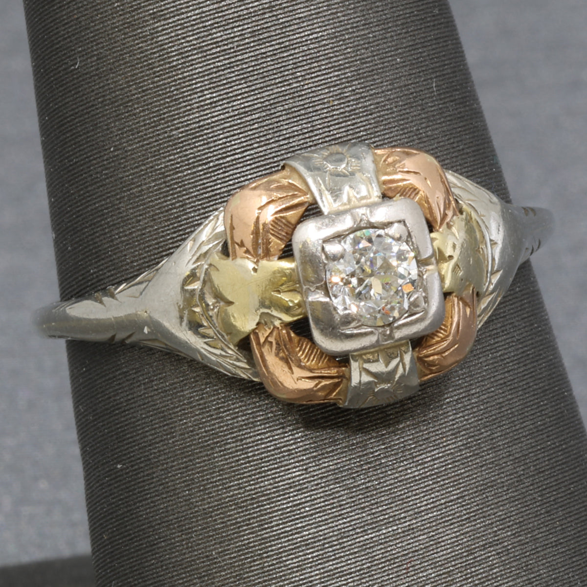 Art Deco Tri Color Old European Cut Diamond Engagement Ring in 14k Rose White and Yellow Gold