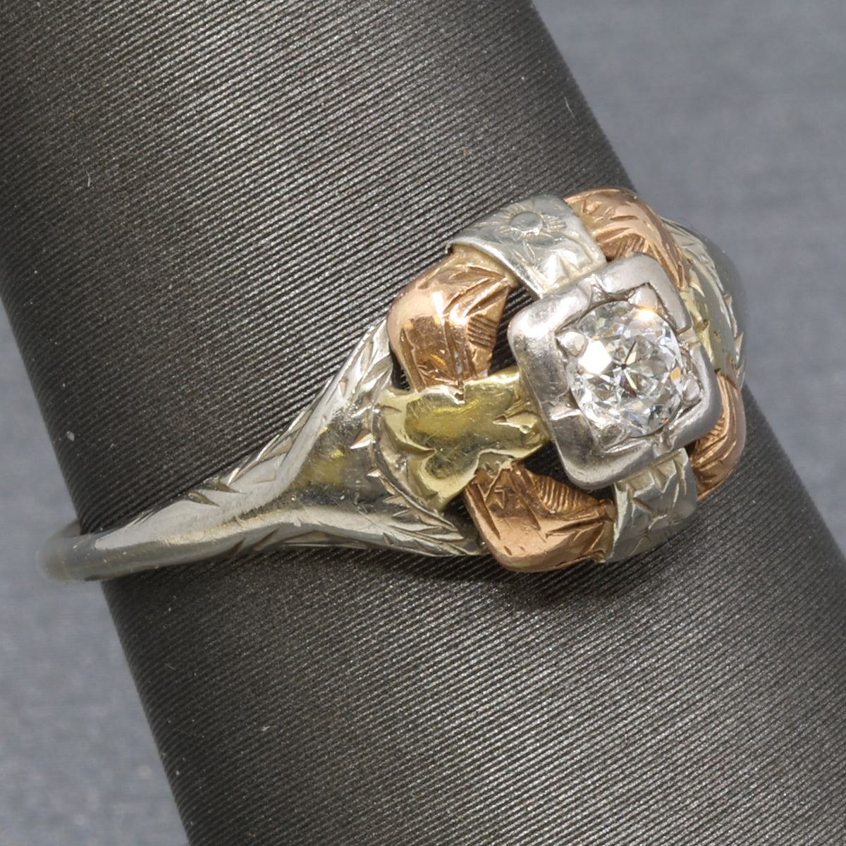 Art Deco Tri Color Old European Cut Diamond Engagement Ring in 14k Rose White and Yellow Gold