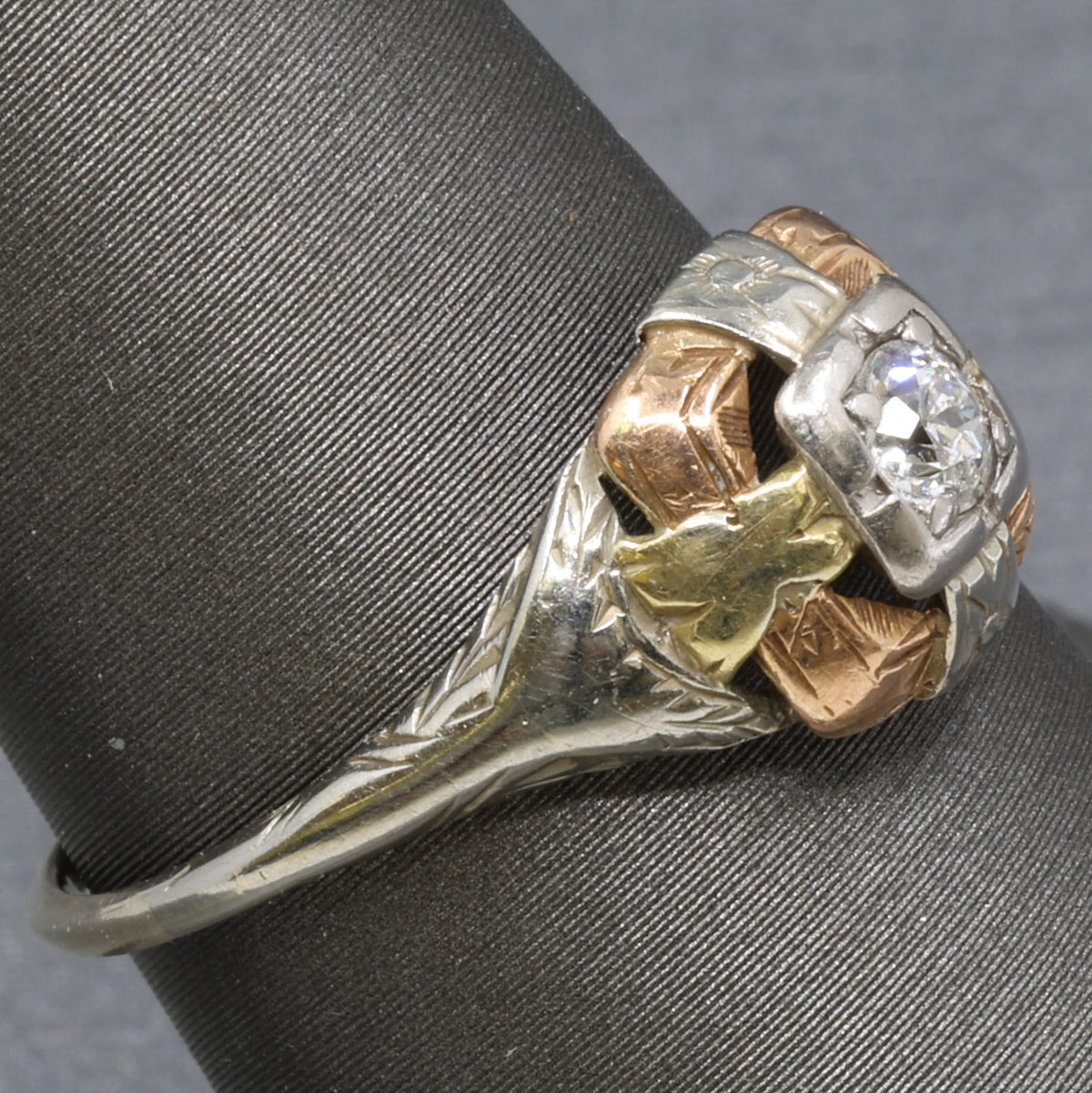 Art Deco Tri Color Old European Cut Diamond Engagement Ring in 14k Rose White and Yellow Gold