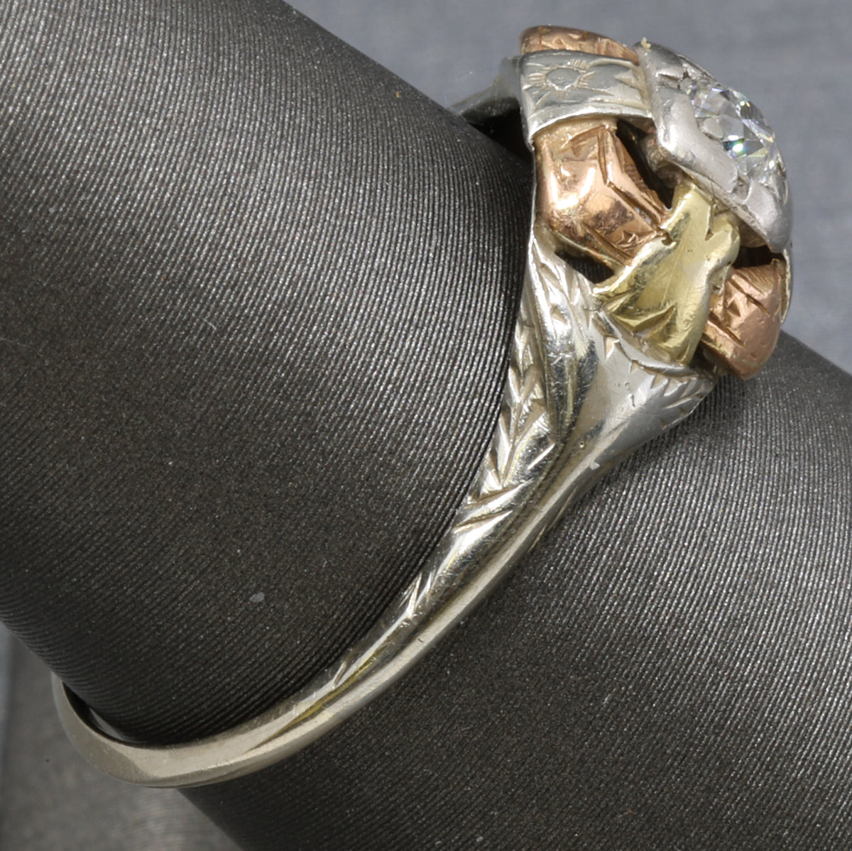 Art Deco Tri Color Old European Cut Diamond Engagement Ring in 14k Rose White and Yellow Gold