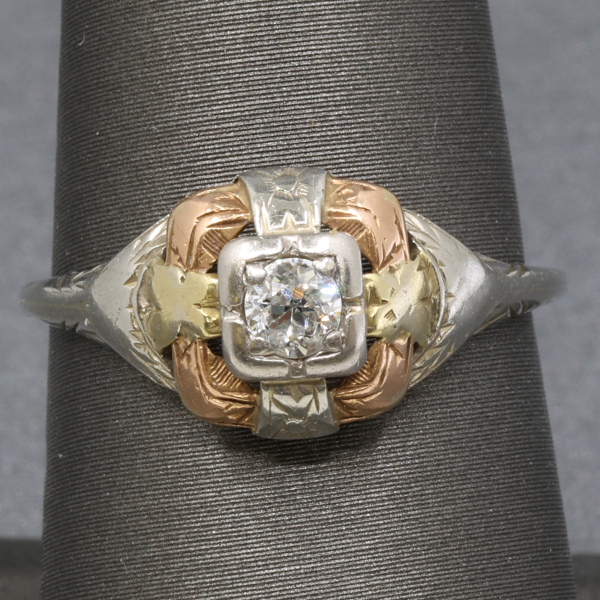 Art Deco Tri Color Old European Cut Diamond Engagement Ring in 14k Rose White and Yellow Gold