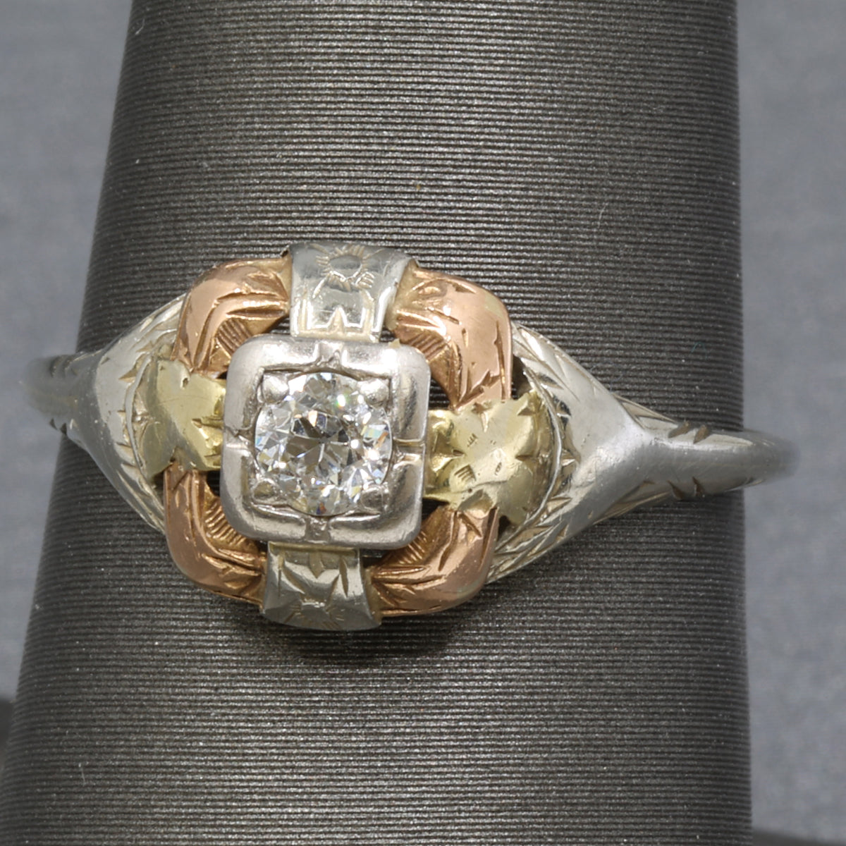 Art Deco Tri Color Old European Cut Diamond Engagement Ring in 14k Rose White and Yellow Gold
