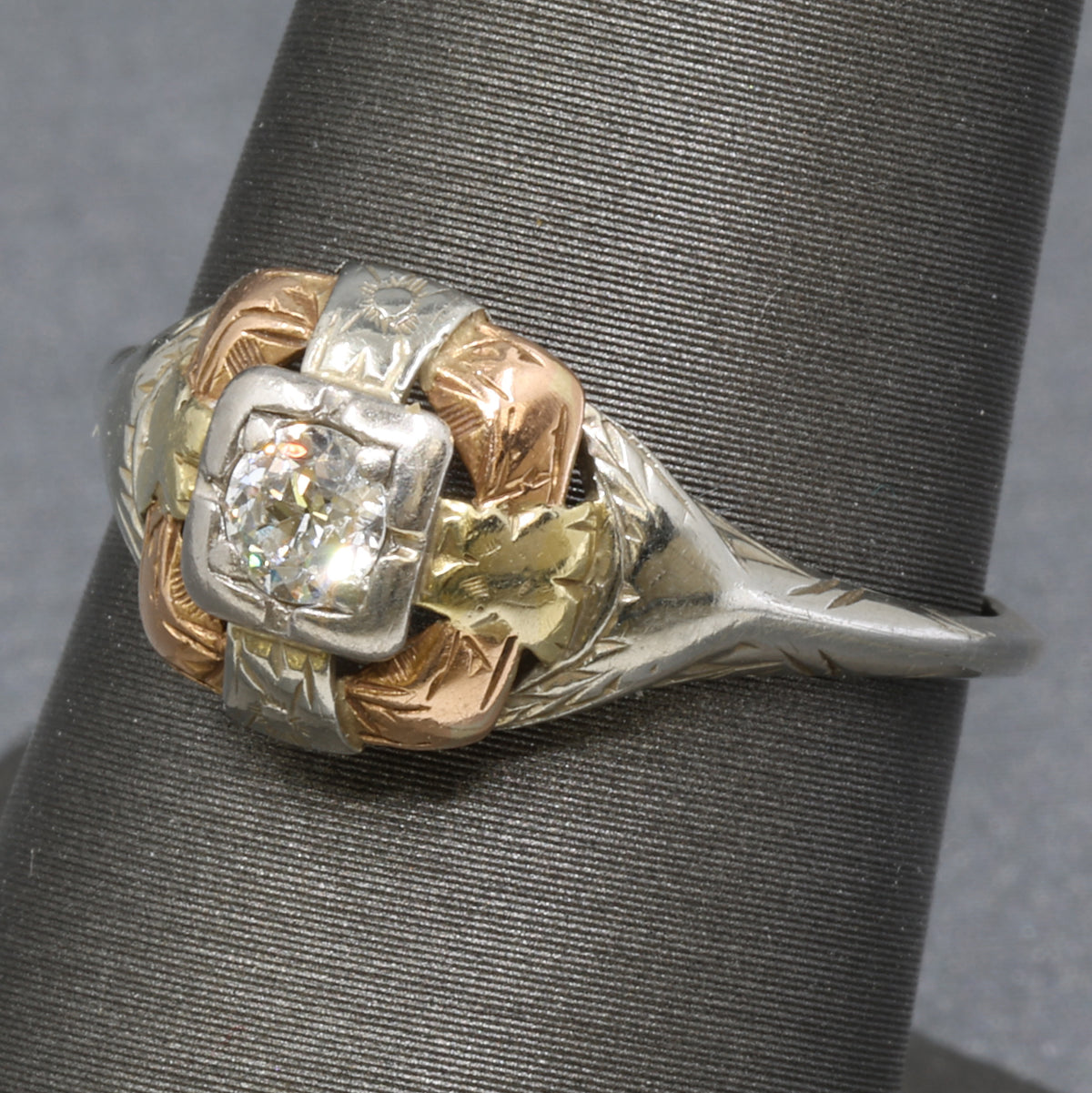 Art Deco Tri Color Old European Cut Diamond Engagement Ring in 14k Rose White and Yellow Gold