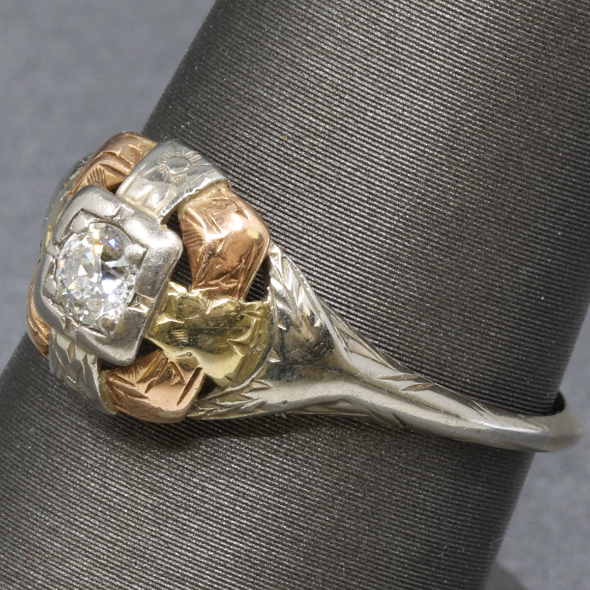 Art Deco Tri Color Old European Cut Diamond Engagement Ring in 14k Rose White and Yellow Gold