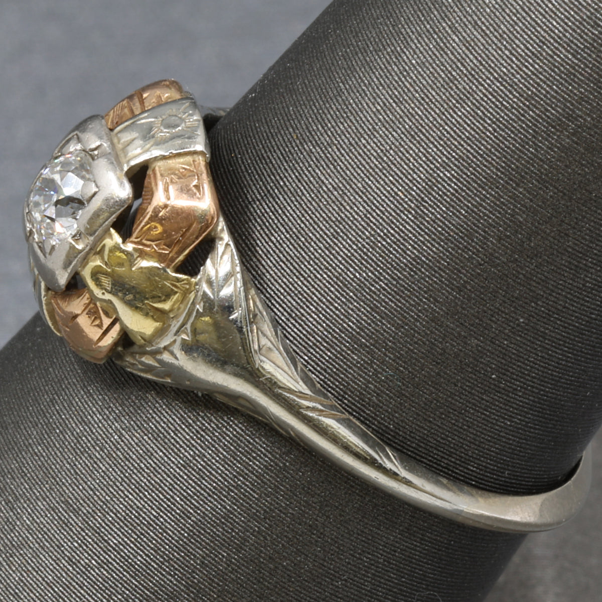Art Deco Tri Color Old European Cut Diamond Engagement Ring in 14k Rose White and Yellow Gold
