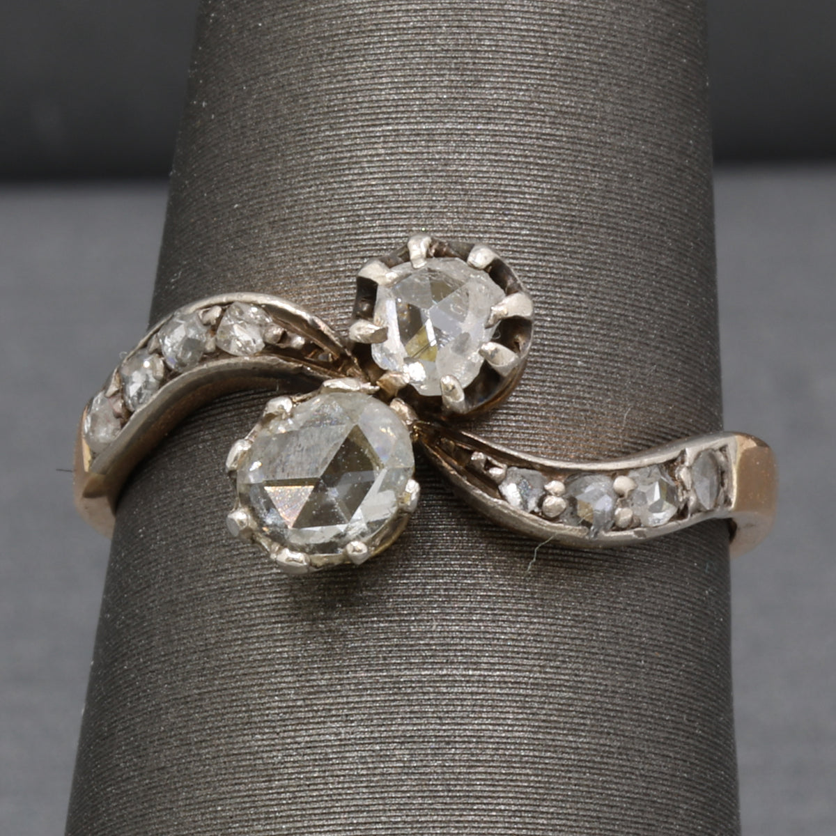 Edwardian Rose Cut Diamond Toi et Moi Ring in SIlver Topped 18k Rosy Gold