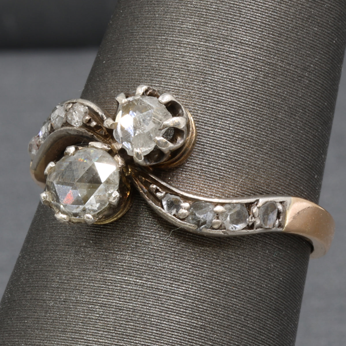 Edwardian Rose Cut Diamond Toi et Moi Ring in SIlver Topped 18k Rosy Gold