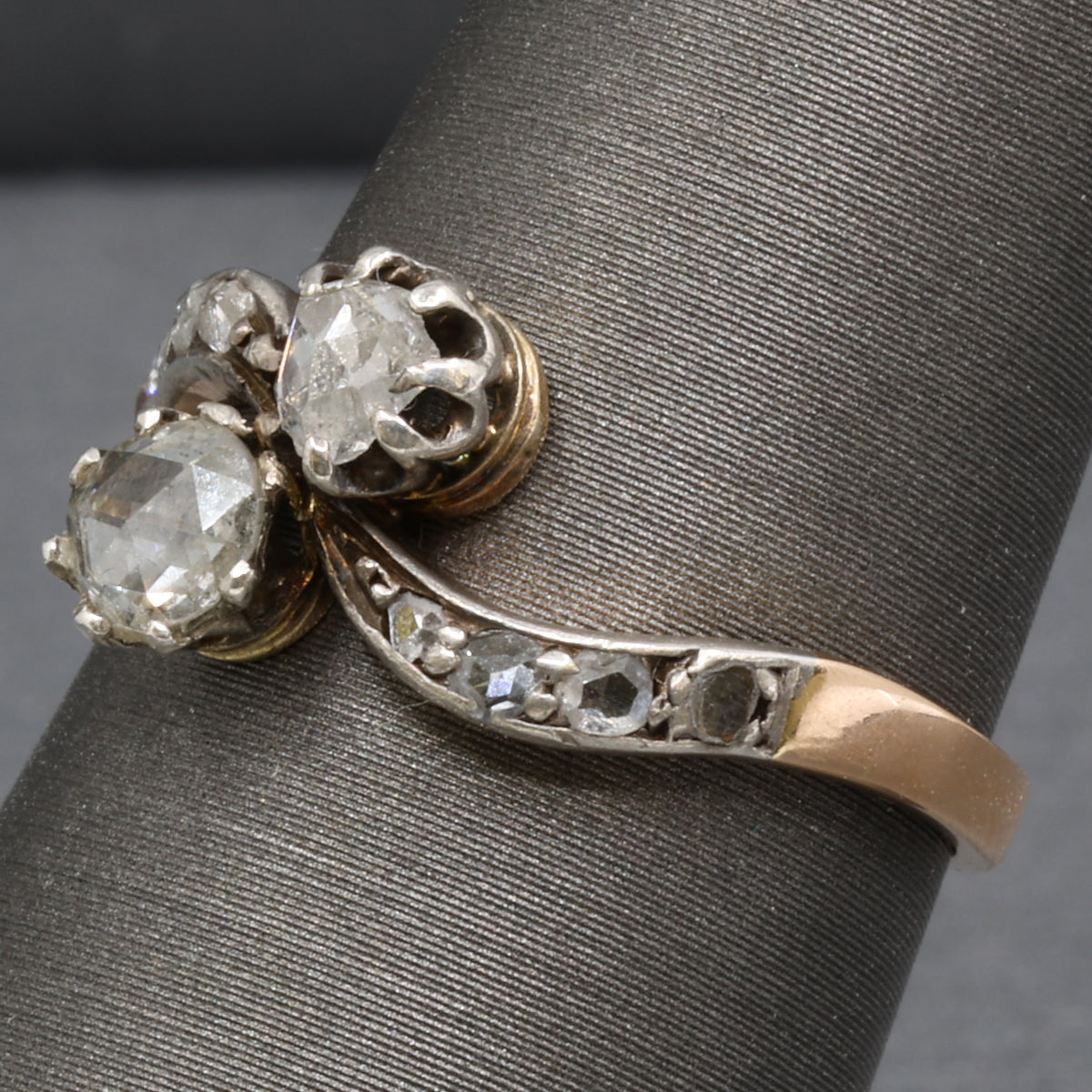 Edwardian Rose Cut Diamond Toi et Moi Ring in SIlver Topped 18k Rosy Gold