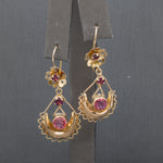 Victorian Garnet and Glass Flower Dangle Earrings in 10k Yellow Gold
