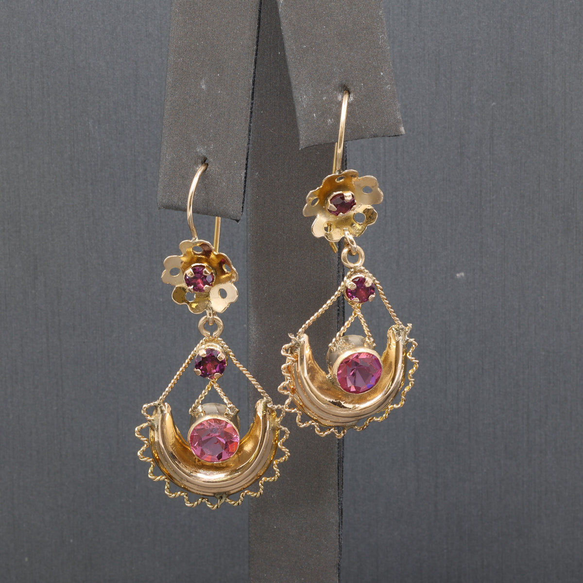 Victorian Garnet and Glass Flower Dangle Earrings in 10k Yellow Gold