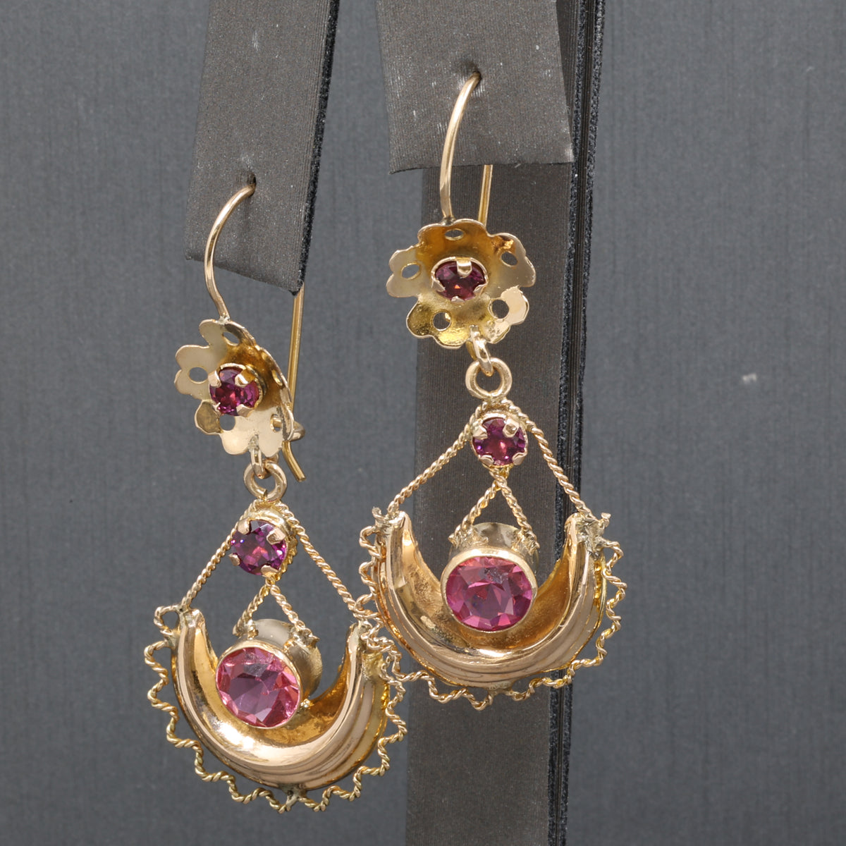Victorian Garnet and Glass Flower Dangle Earrings in 10k Yellow Gold