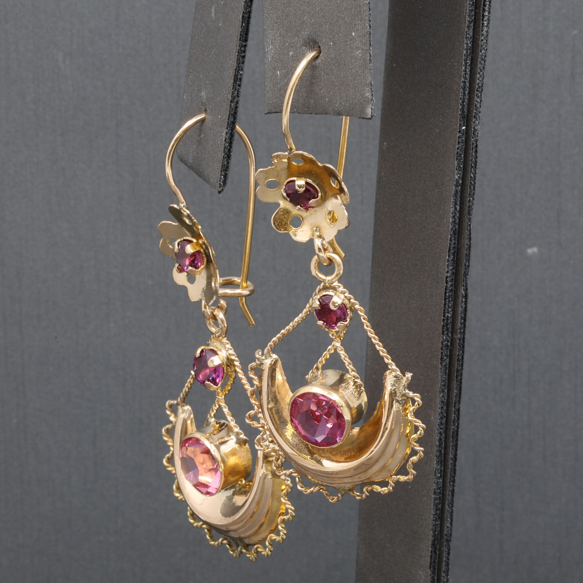 Victorian Garnet and Glass Flower Dangle Earrings in 10k Yellow Gold