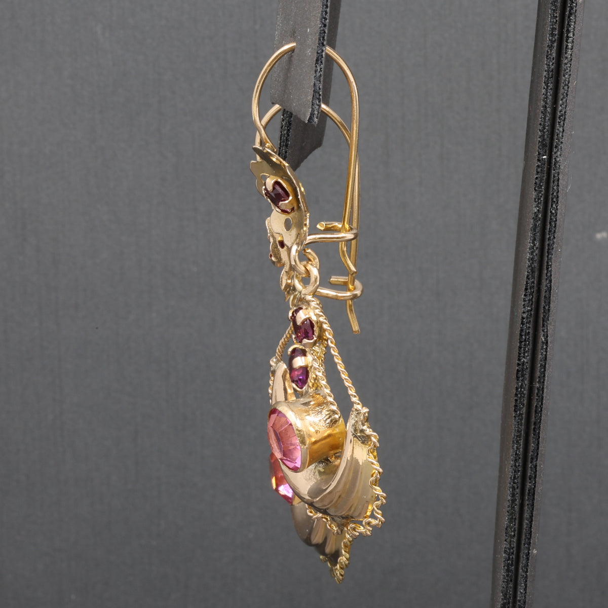Victorian Garnet and Glass Flower Dangle Earrings in 10k Yellow Gold