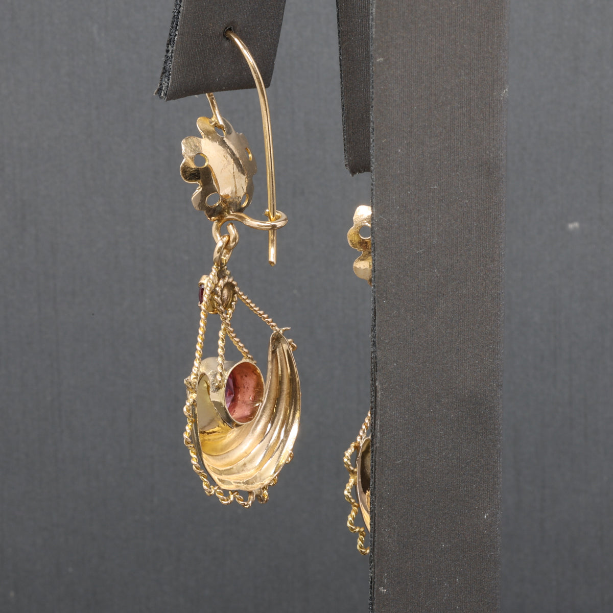 Victorian Garnet and Glass Flower Dangle Earrings in 10k Yellow Gold