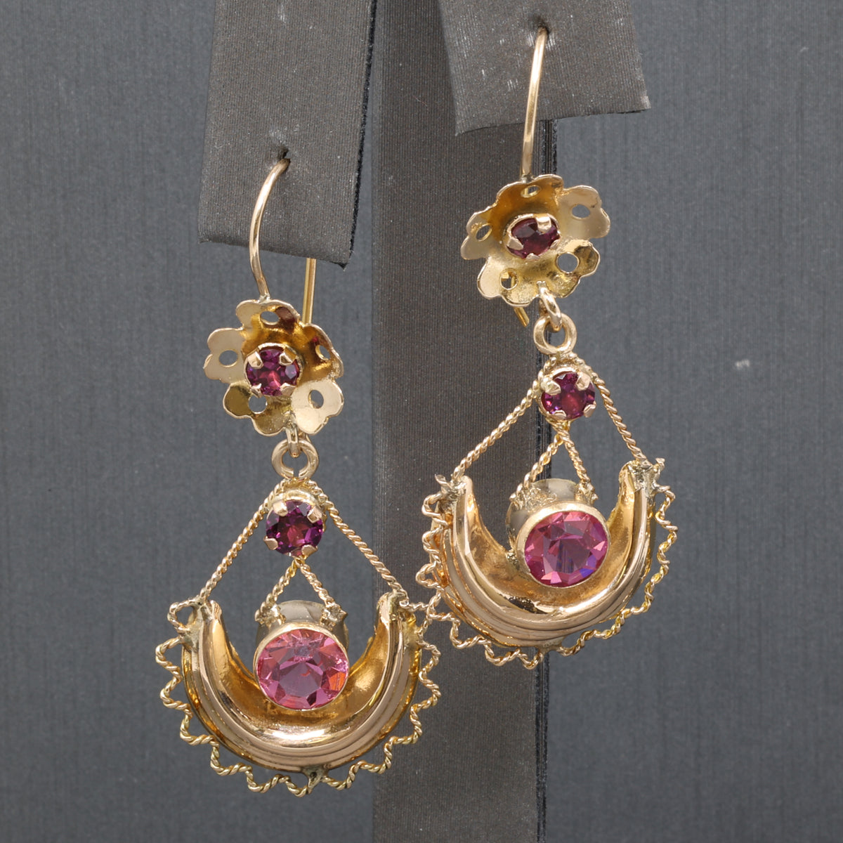 Victorian Garnet and Glass Flower Dangle Earrings in 10k Yellow Gold