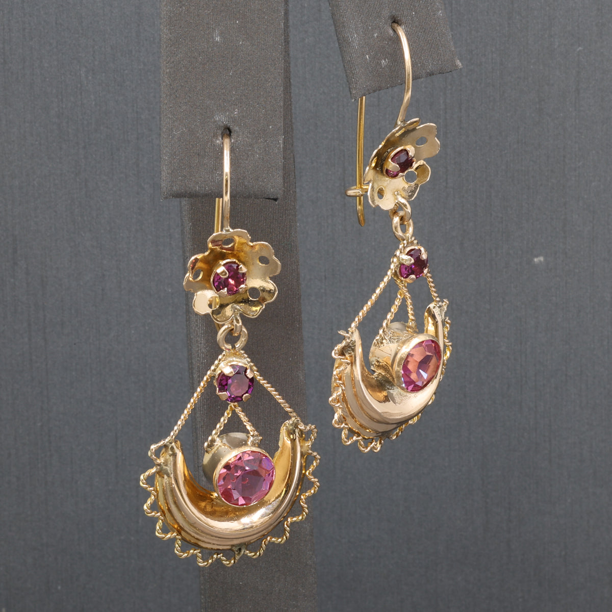 Victorian Garnet and Glass Flower Dangle Earrings in 10k Yellow Gold
