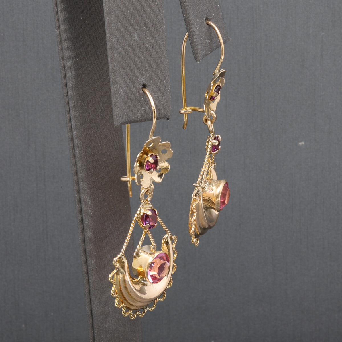 Victorian Garnet and Glass Flower Dangle Earrings in 10k Yellow Gold