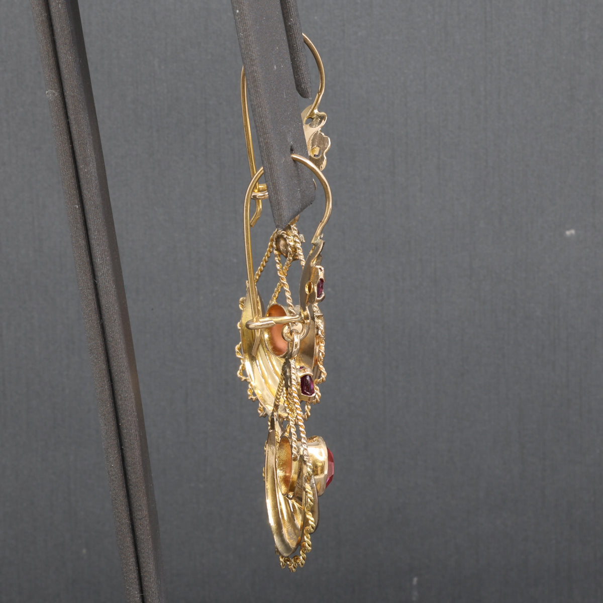 Victorian Garnet and Glass Flower Dangle Earrings in 10k Yellow Gold