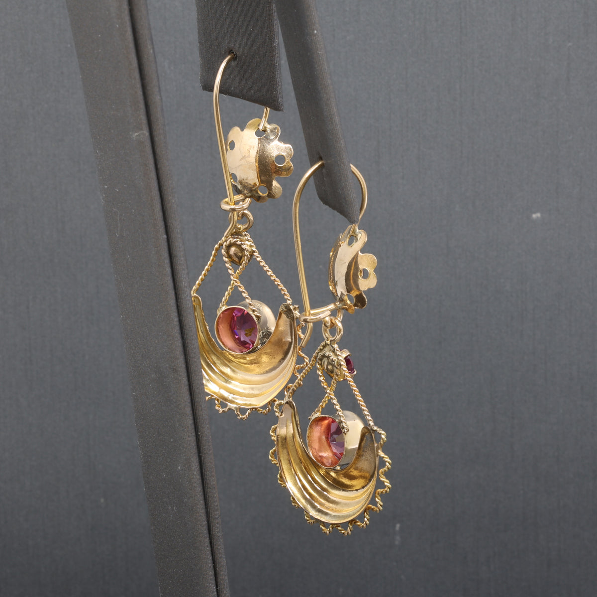 Victorian Garnet and Glass Flower Dangle Earrings in 10k Yellow Gold