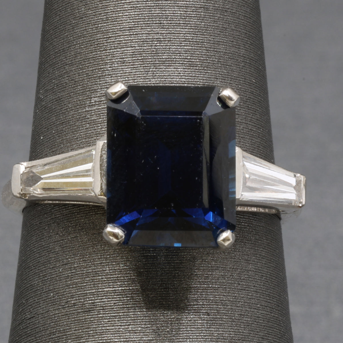 GIA Certified Australian Deep Blue Sapphire and Baguette Diamond Ring in Platinum
