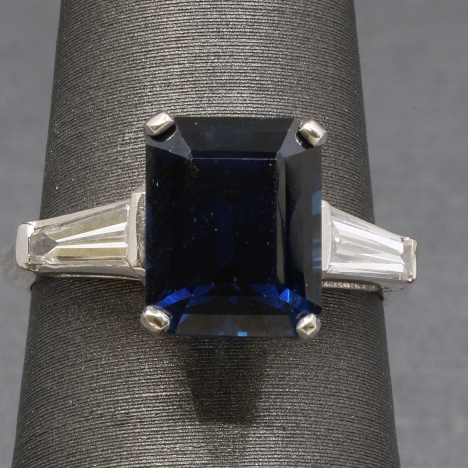 GIA Certified Australian Deep Blue Sapphire and Baguette Diamond Ring in Platinum
