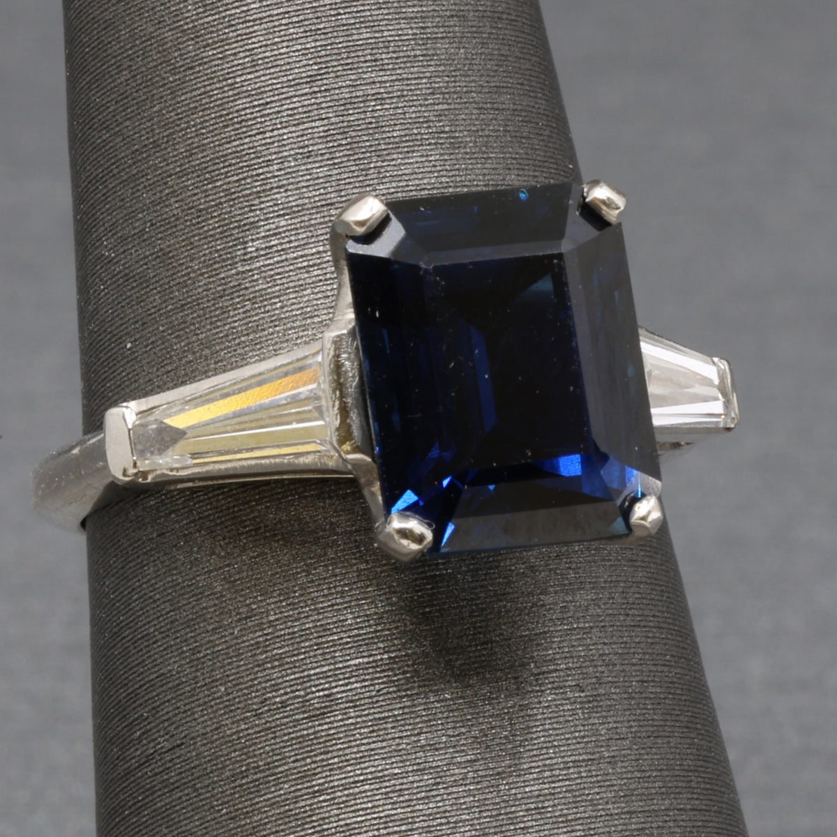 GIA Certified Australian Deep Blue Sapphire and Baguette Diamond Ring in Platinum