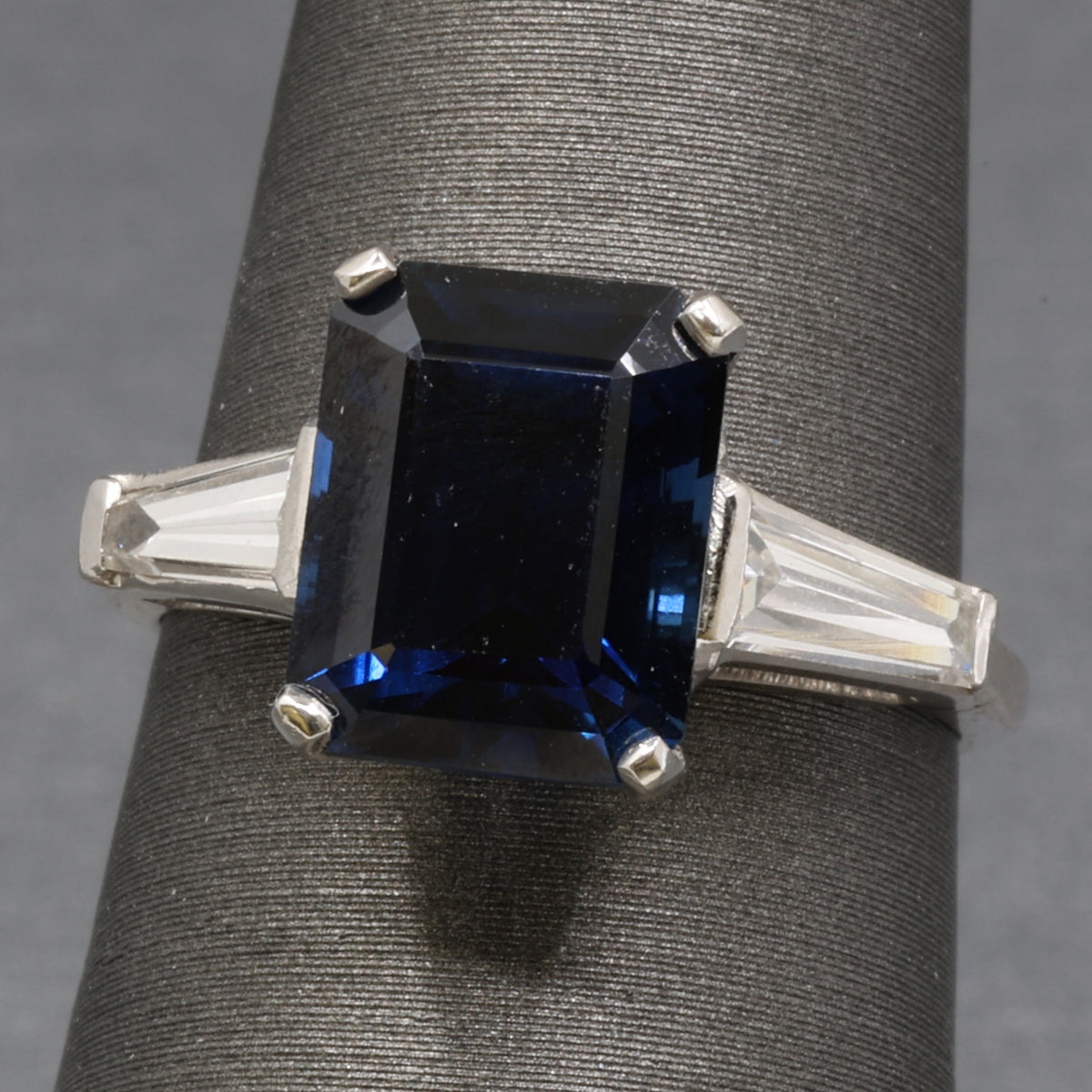 GIA Certified Australian Deep Blue Sapphire and Baguette Diamond Ring in Platinum