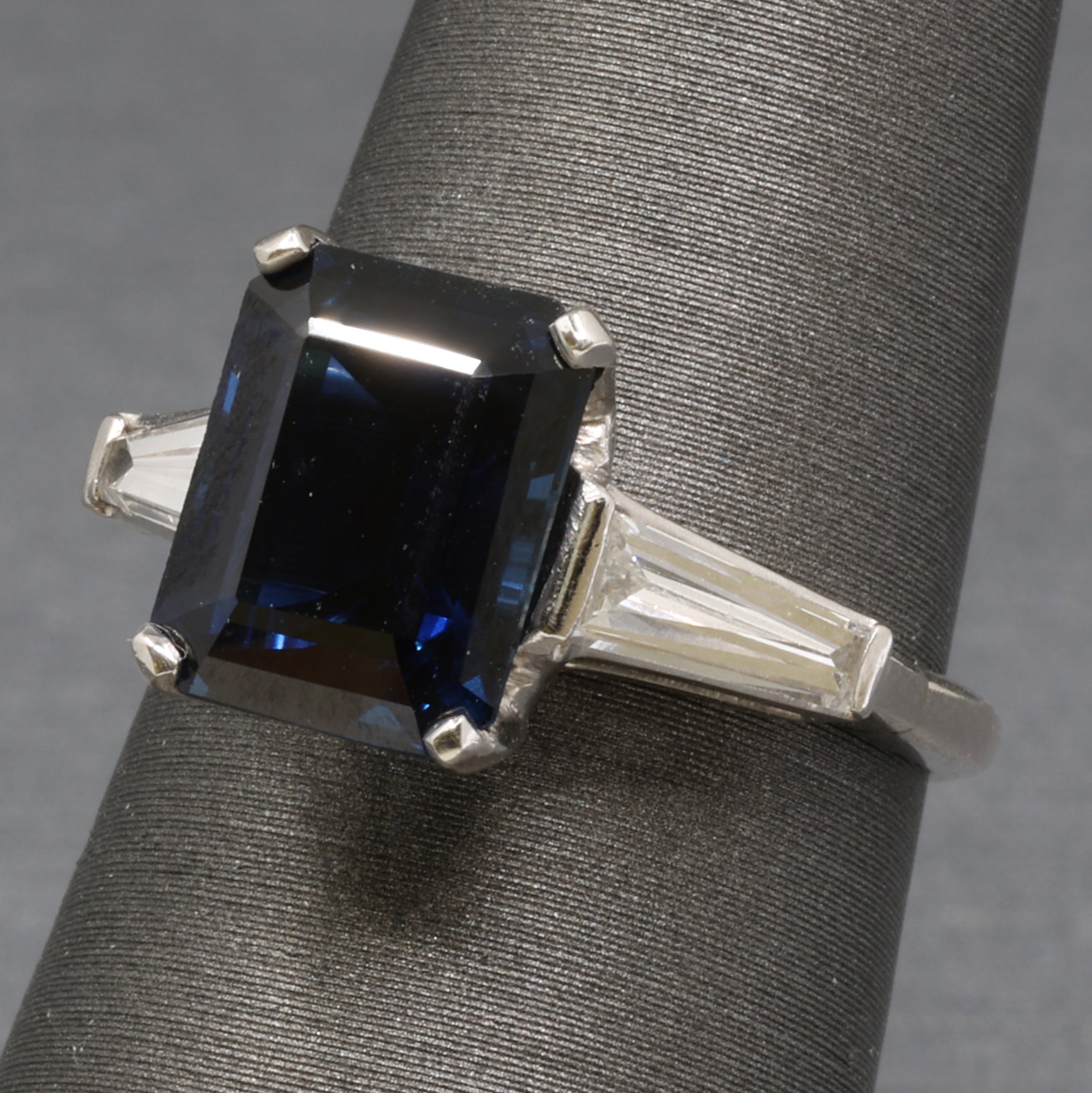 GIA Certified Australian Deep Blue Sapphire and Baguette Diamond Ring in Platinum