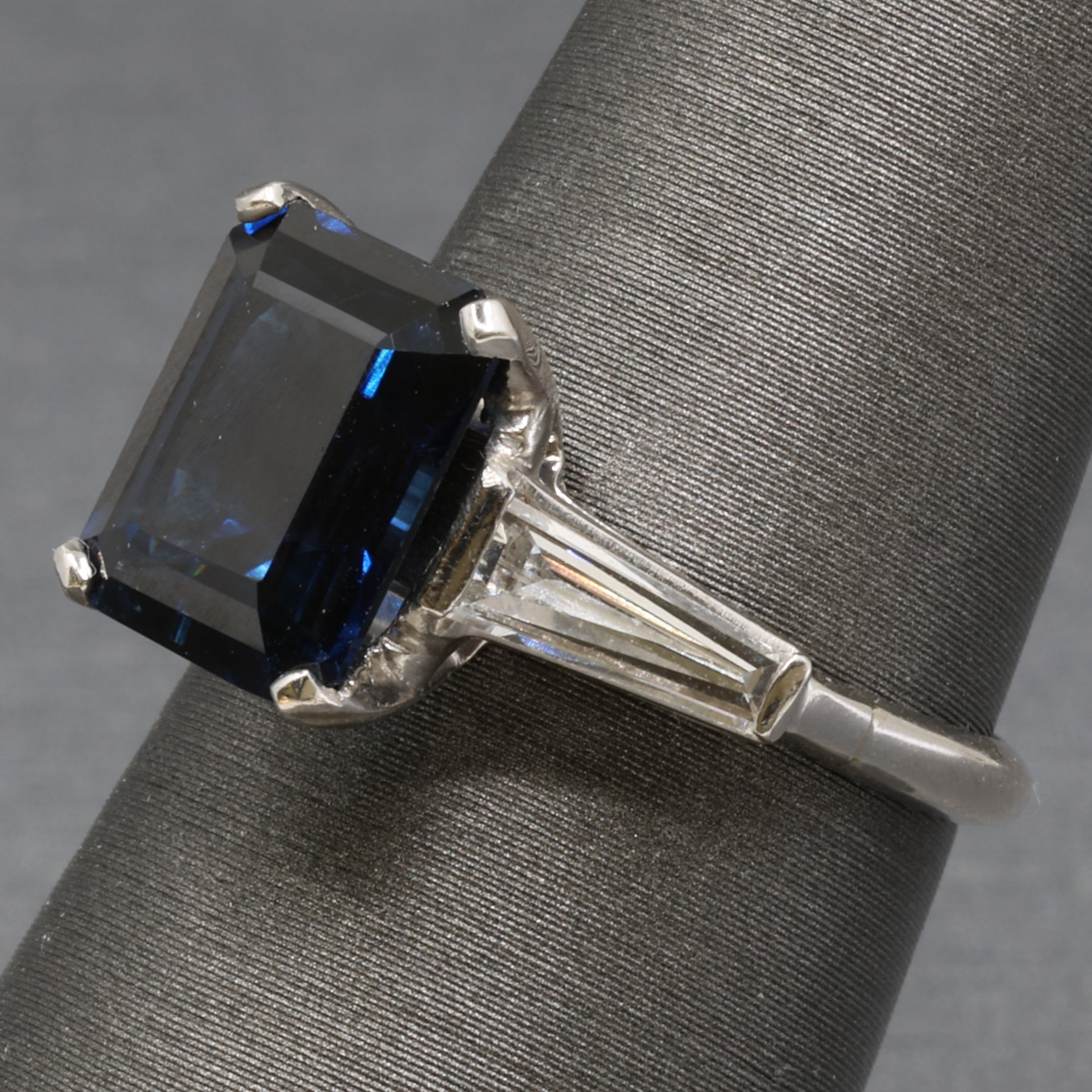 GIA Certified Australian Deep Blue Sapphire and Baguette Diamond Ring in Platinum