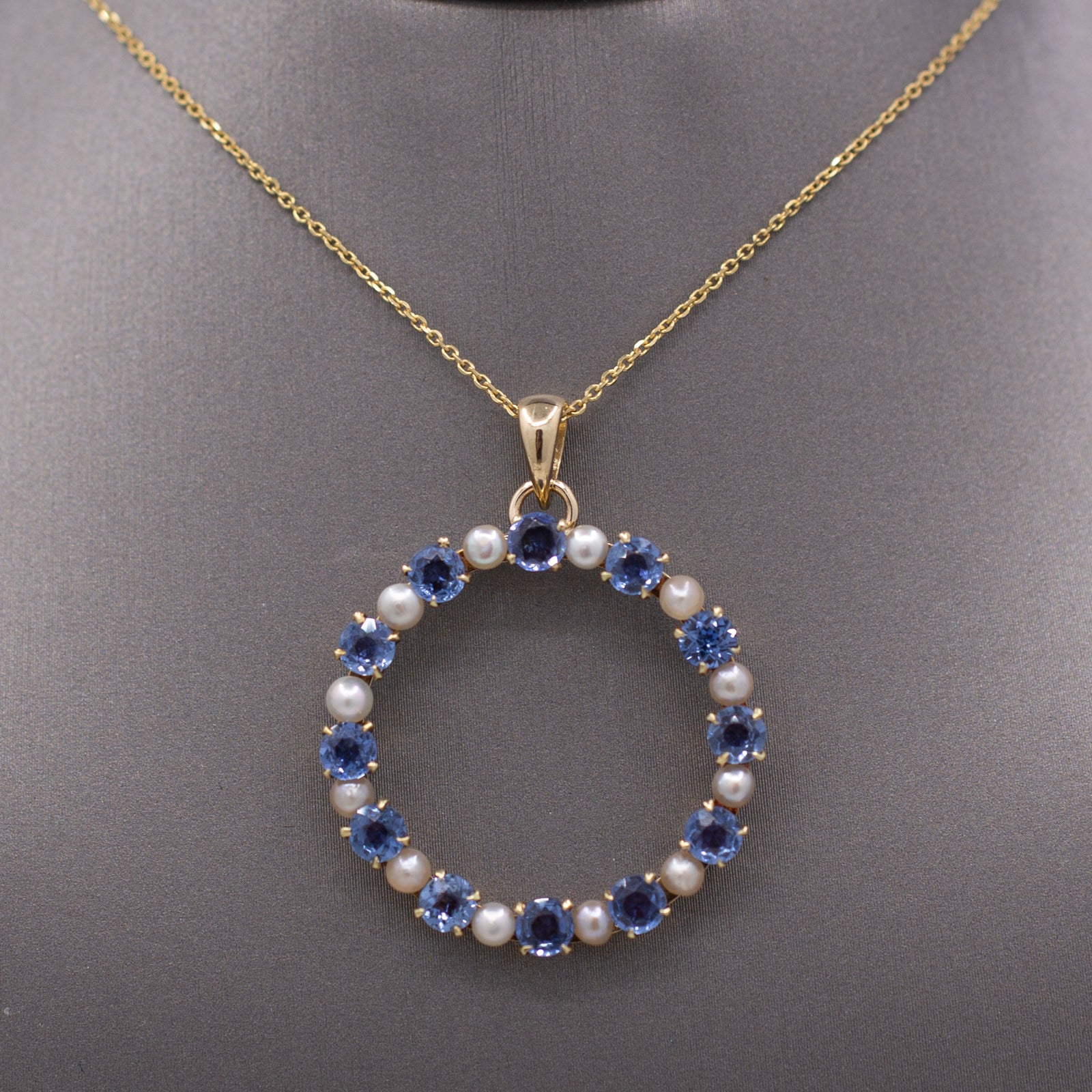 Victorian Yogo Montana Blue Sapphire and Pearl Eternity Pendant on 14k Yellow Gold Chain
