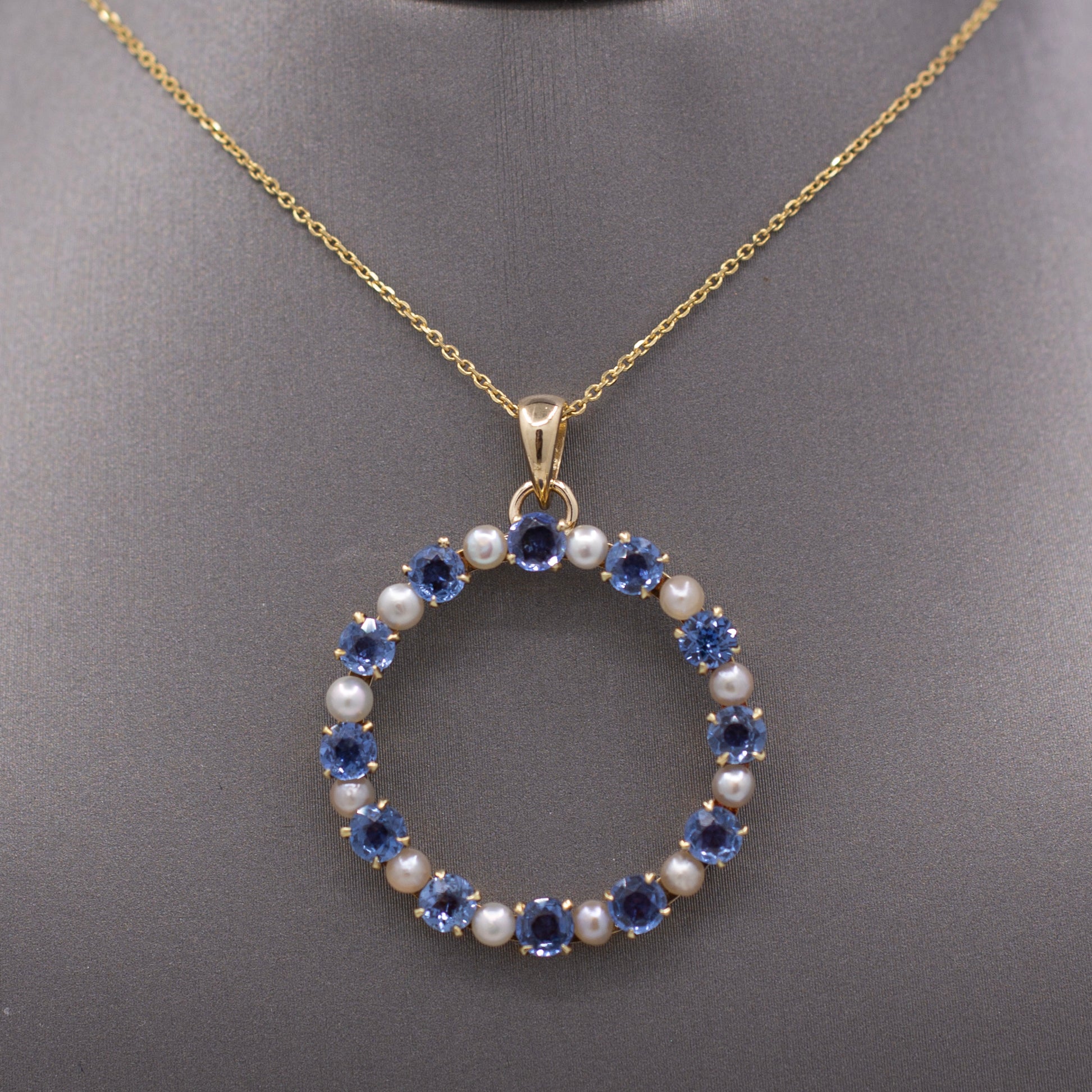 Victorian Yogo Montana Blue Sapphire and Pearl Eternity Pendant on 14k Yellow Gold Chain