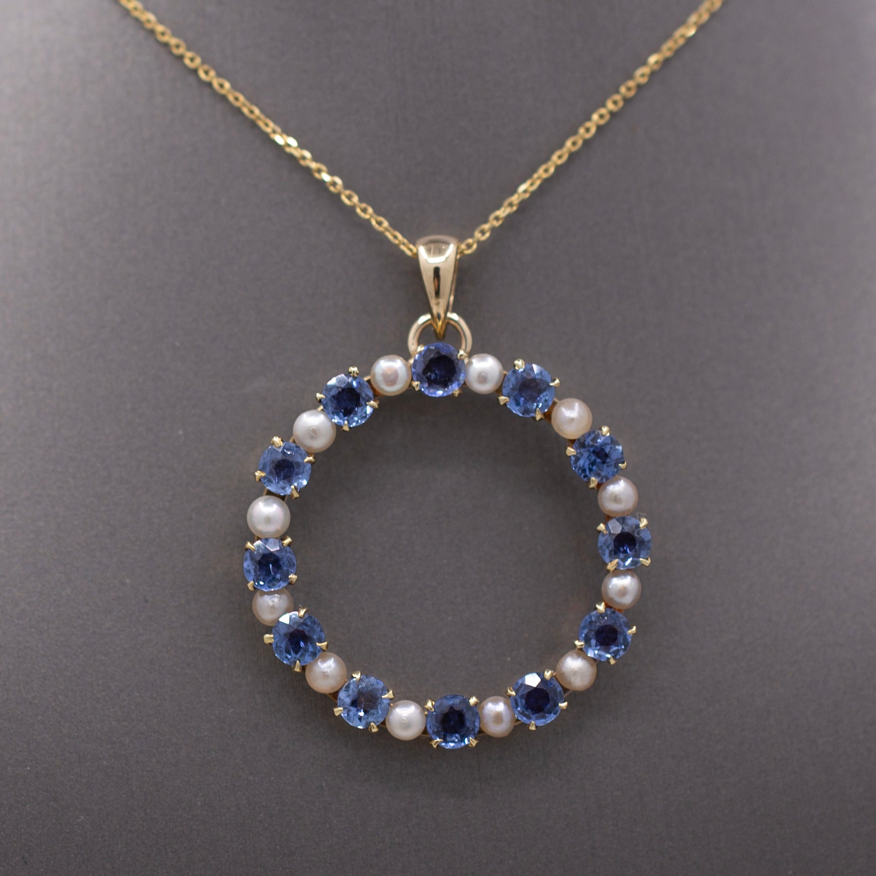 Victorian Yogo Montana Blue Sapphire and Pearl Eternity Pendant on 14k Yellow Gold Chain