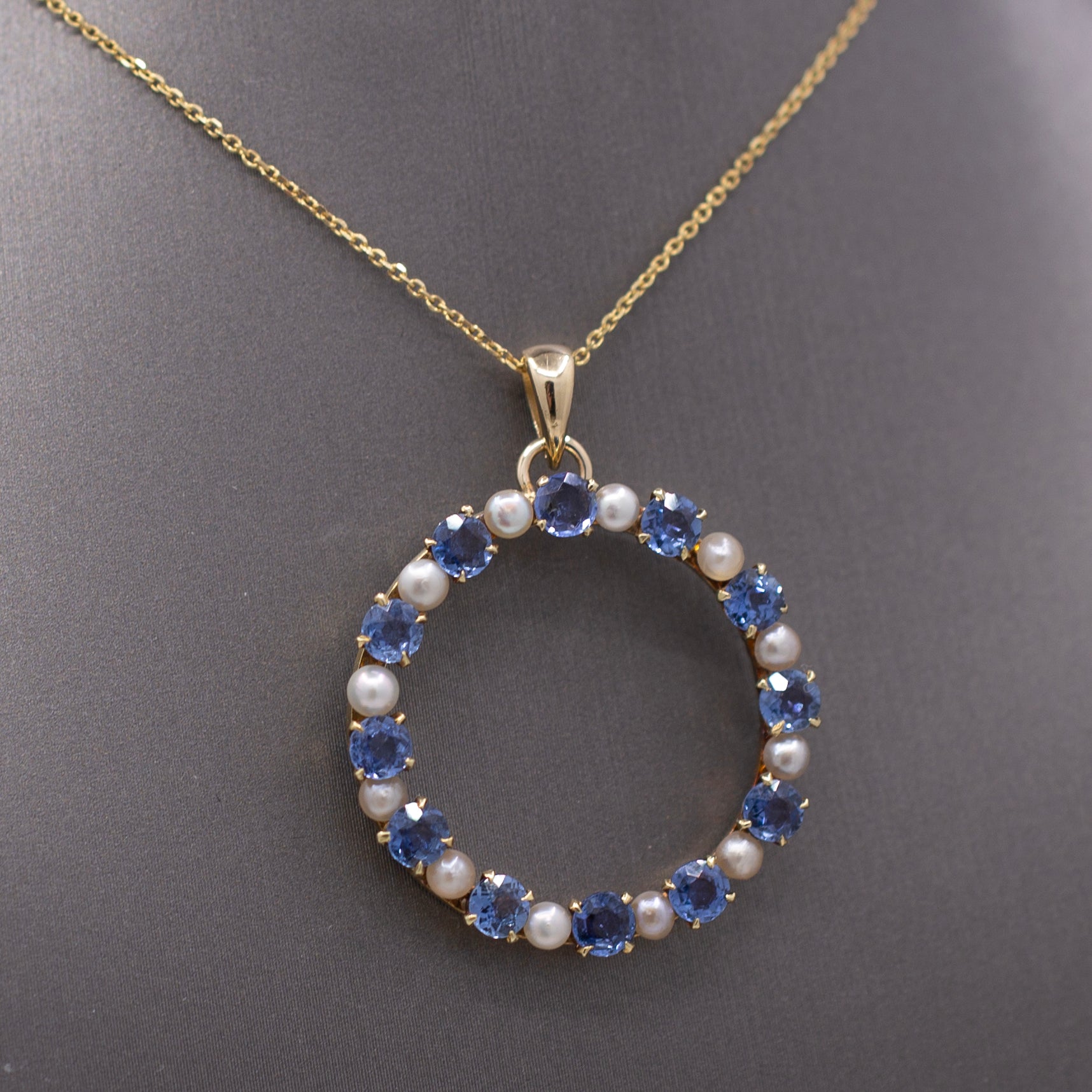 Victorian Yogo Montana Blue Sapphire and Pearl Eternity Pendant on 14k Yellow Gold Chain