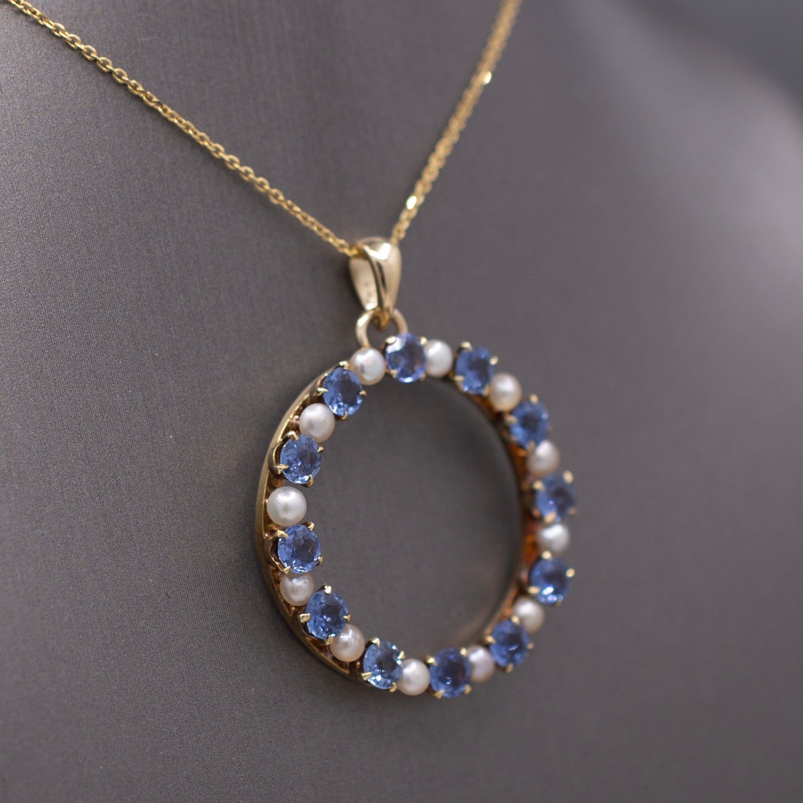 Victorian Yogo Montana Blue Sapphire and Pearl Eternity Pendant on 14k Yellow Gold Chain