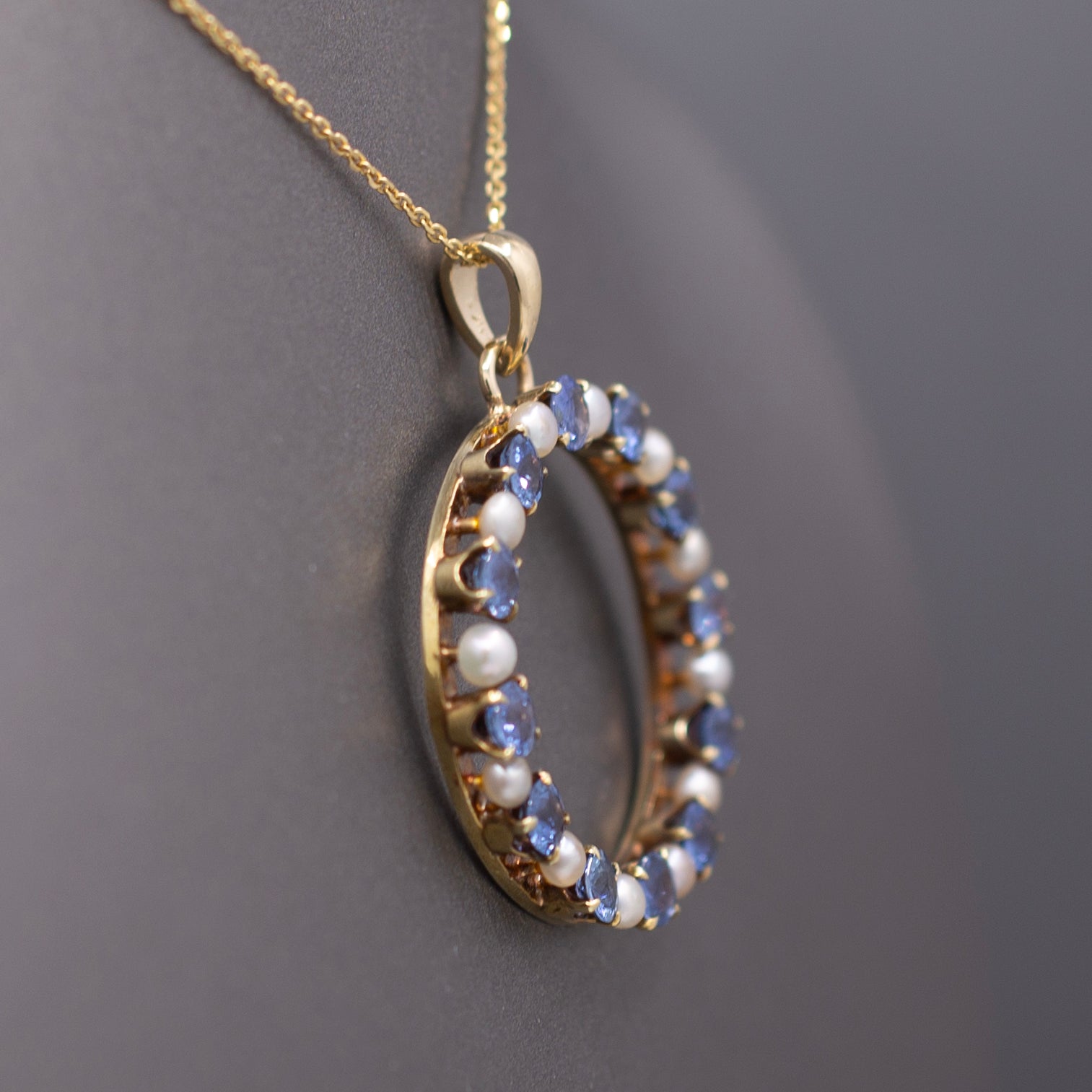 Victorian Yogo Montana Blue Sapphire and Pearl Eternity Pendant on 14k Yellow Gold Chain
