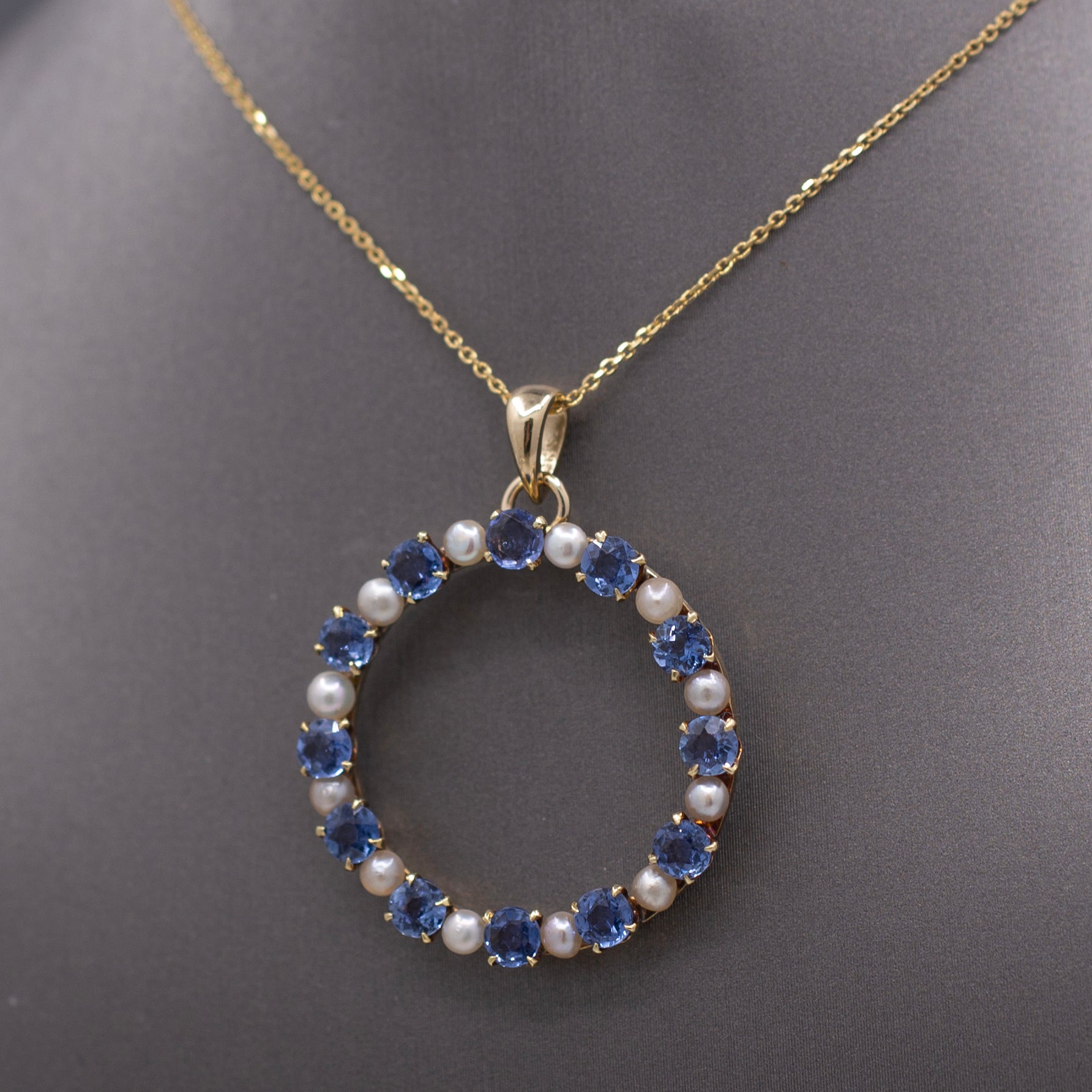Victorian Yogo Montana Blue Sapphire and Pearl Eternity Pendant on 14k Yellow Gold Chain