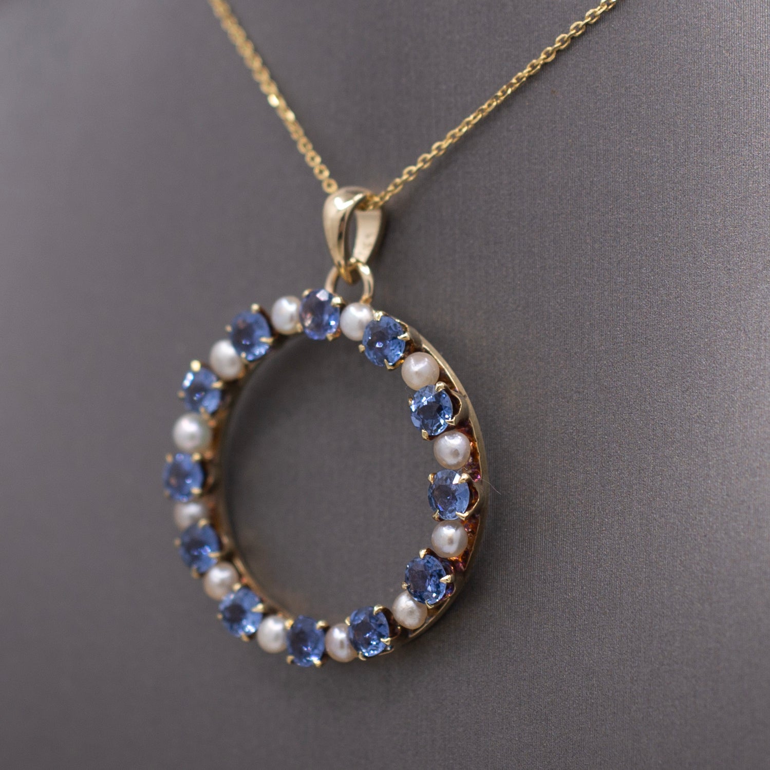 Victorian Yogo Montana Blue Sapphire and Pearl Eternity Pendant on 14k Yellow Gold Chain